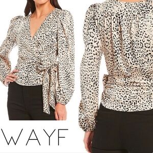 WAYF Animal Print Satin Wrap Top Bow Detail Puff Sleeve